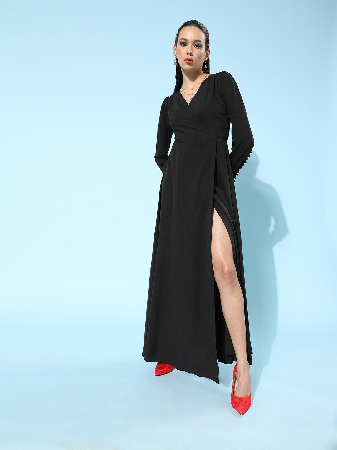 Berrylush Black Solid Wrap Maxi Dress ...